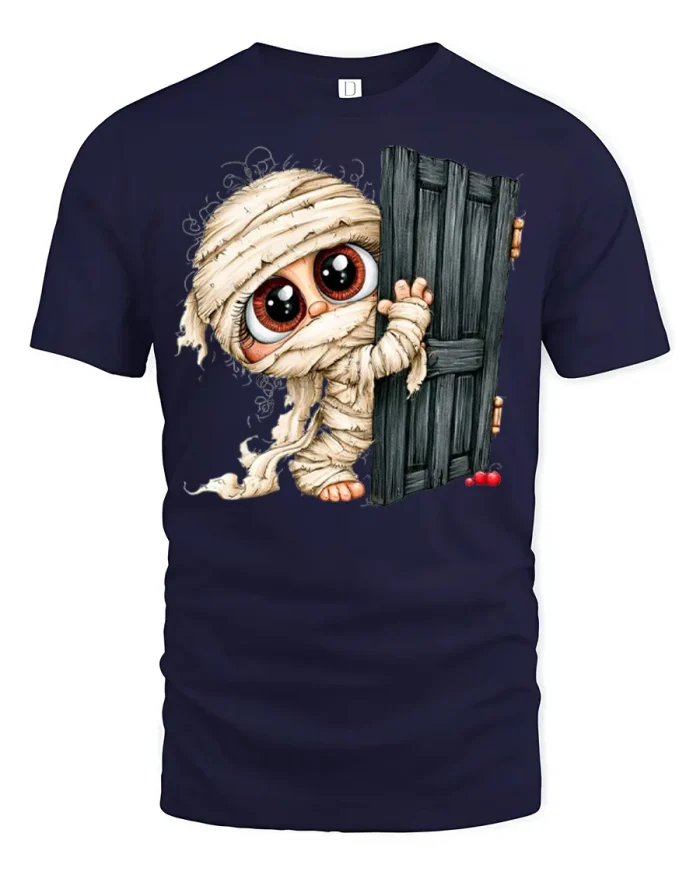 Cute Baby Mummy Peeking Door Halloween Soft Cotton T Shirt - navy t-shirt on white background