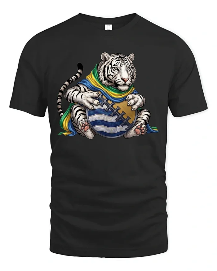 Royal White Tiger Warrior Shield Art Soft Cotton T Shirt - black t-shirt on white background