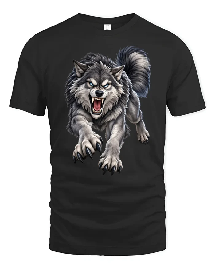 Retro Pouncing Wild Wolf Claws Art Soft Cotton T Shirt - black t-shirt on white background