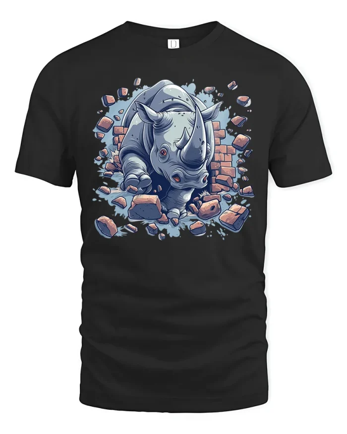 Retro Charging Rhino Brick Wall Art Soft Cotton T Shirt - black t-shirt on white background