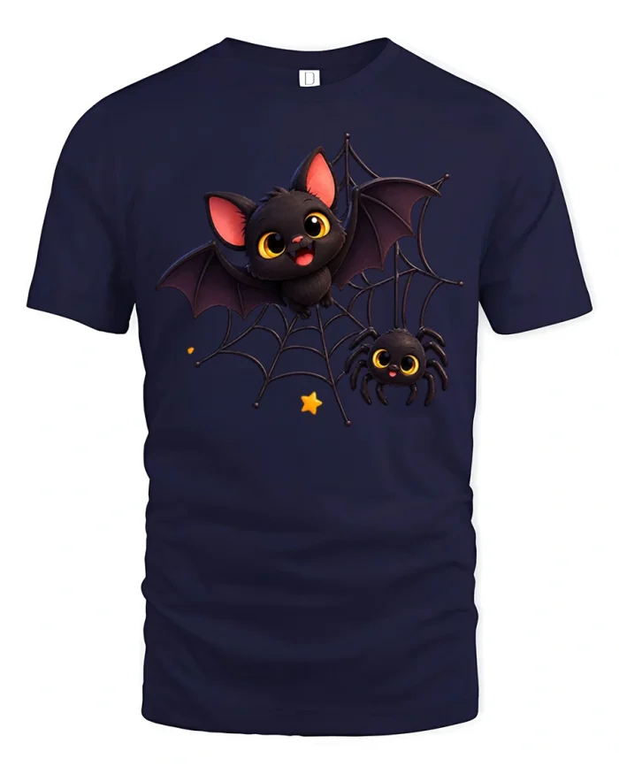 Cute Bat And Spider Web Halloween Art Soft Cotton T Shirt - navy t-shirt on white background