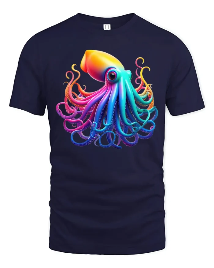 Colorful Rainbow Octopus Ocean Art Soft Cotton T Shirt - navy t-shirt on white background
