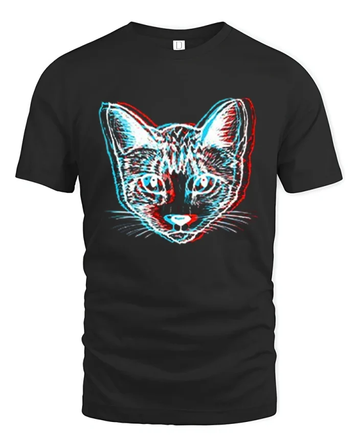 Retro 3D Glitch Cat Head Optical Illusion Soft Cotton T Shirt - black t-shirt on white background