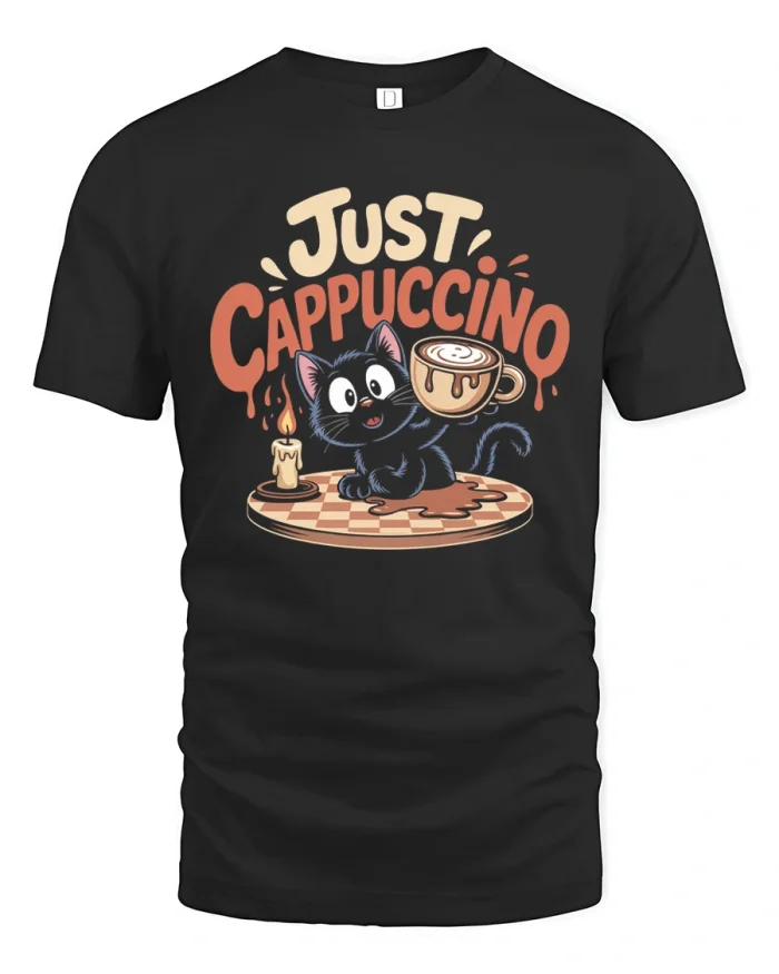 Funny Just Cappuccino Black Cat Coffee Art Soft Cotton T Shirt - black t-shirt on white background
