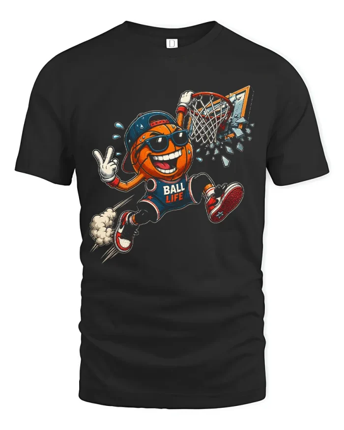 Retro Slam Dunk Basketball Ball Life Art Soft Cotton T Shirt - black t-shirt on white background