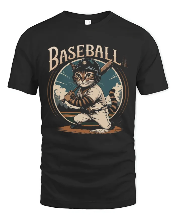 Retro Baseball Cat Batter Sports Art Soft Cotton T Shirt - black t-shirt on white background