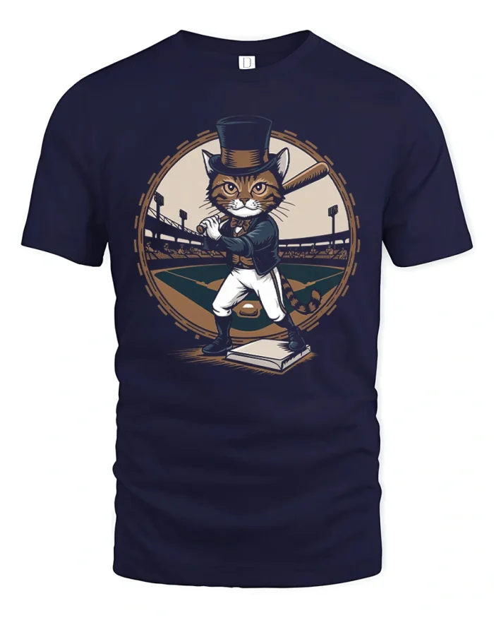 Retro Gentleman Cat Baseball Batter Top Hat Soft Cotton T Shirt - navy t-shirt on white background