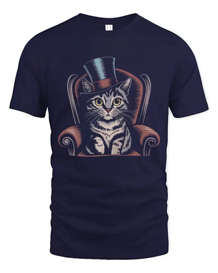Retro Gentleman Cat Armchair Top Hat Art Soft Cotton T Shirt - navy t-shirt on white background