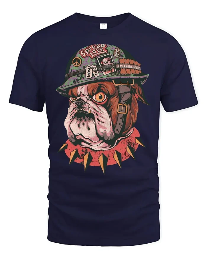 Retro Military Bulldog Helmet Spiked Collar Soft Cotton T Shirt - navy t-shirt on white background