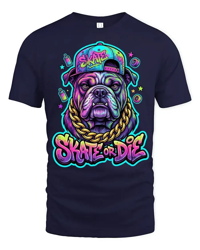 Retro Skate Or Die Bulldog Graffiti Art Soft Cotton T Shirt - navy t-shirt on white background