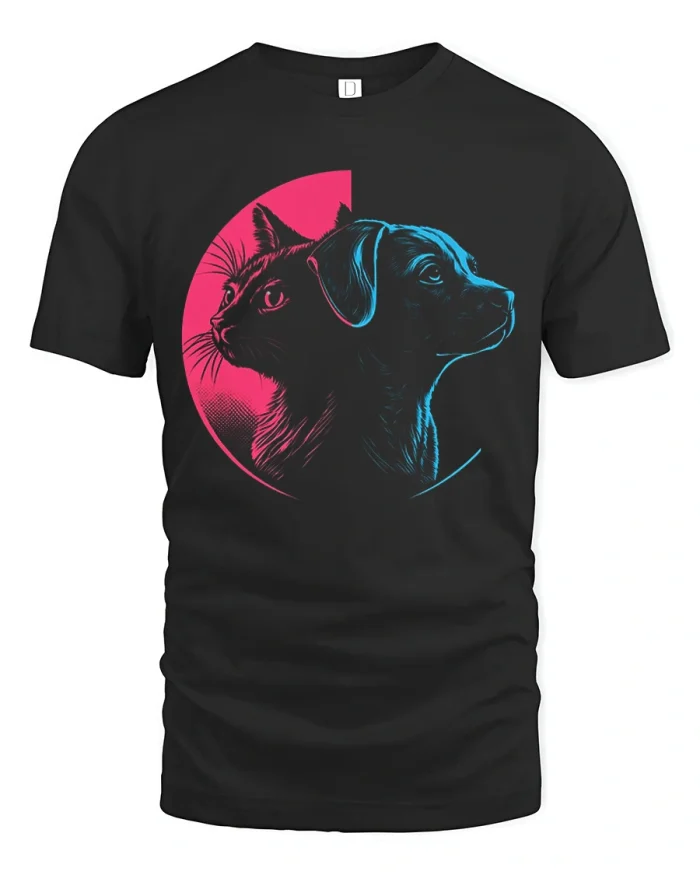 Retro Neon Cat And Dog Silhouette Art Soft Cotton T Shirt - black t-shirt on white background