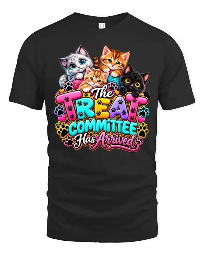 The Treat Committee Has Arrived Kittens Soft Cotton T Shirt - black t-shirt on white background