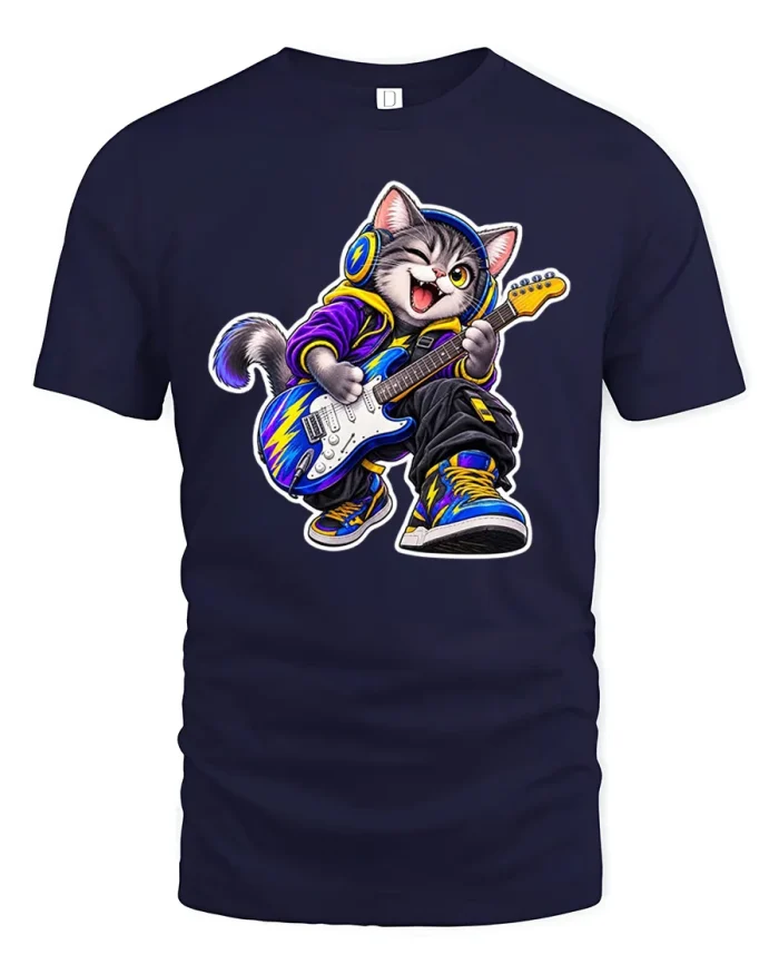 Retro Rocker Cat Electric Guitar Art Soft Cotton T Shirt - navy t-shirt on white background