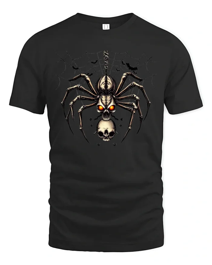 Spooky Skull Spider Web Halloween Gothic T-Shirt - black t-shirt on white background