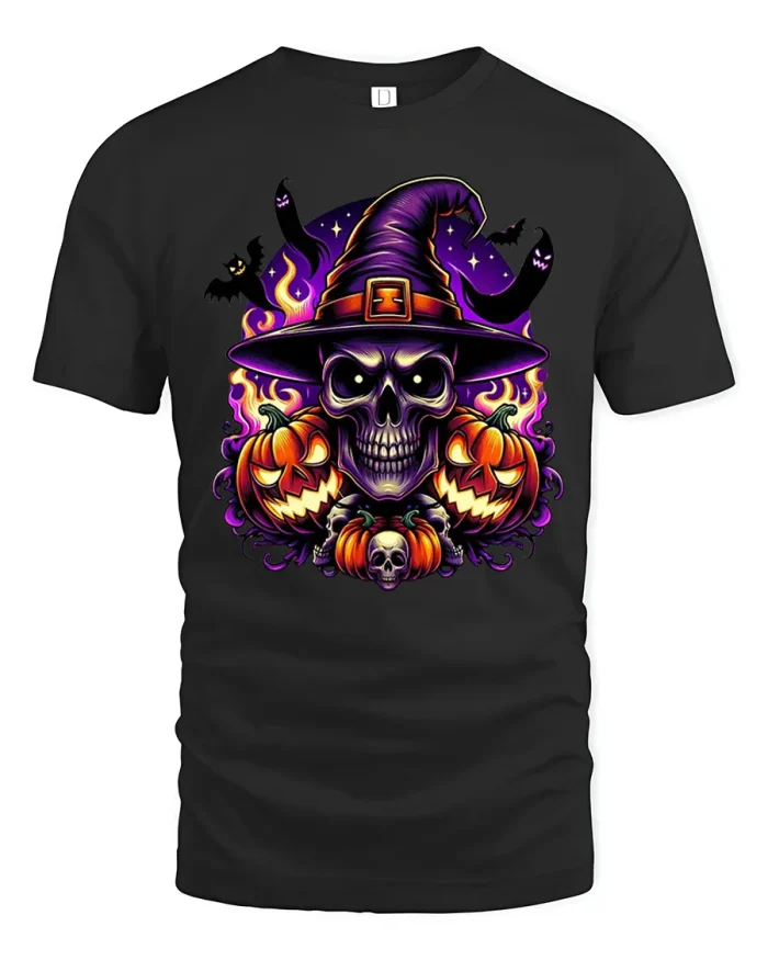 Spooky Skull Witch Hat Pumpkins Halloween T-Shirt - black t-shirt on white background