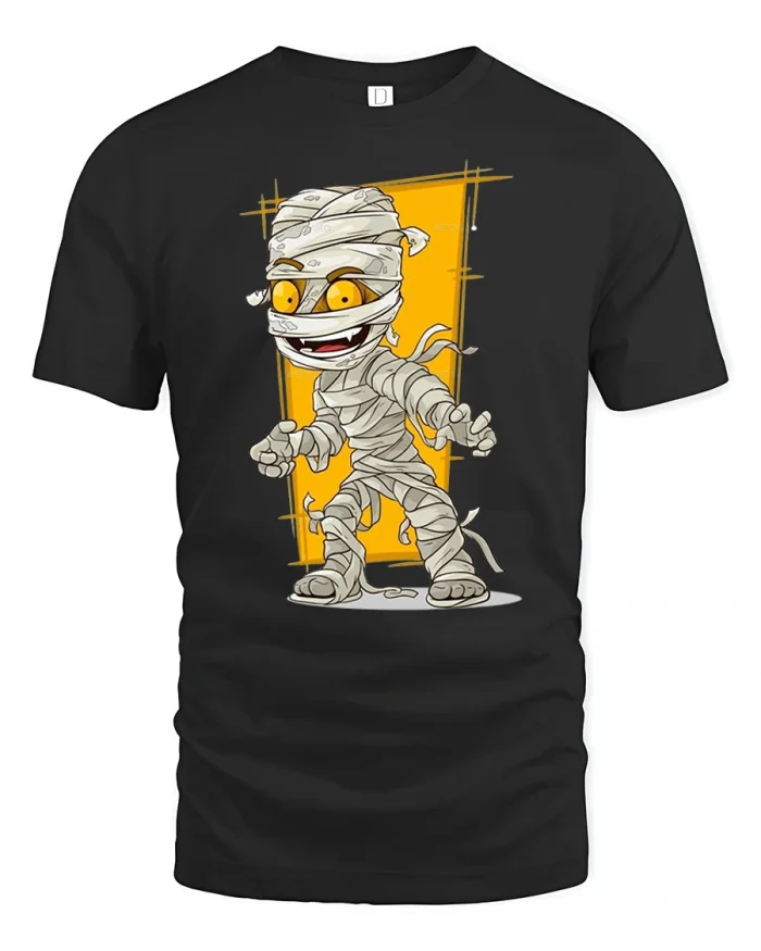 Cute Cartoon Mummy Wrapped Monster Halloween T-Shirt - black t-shirt on white background