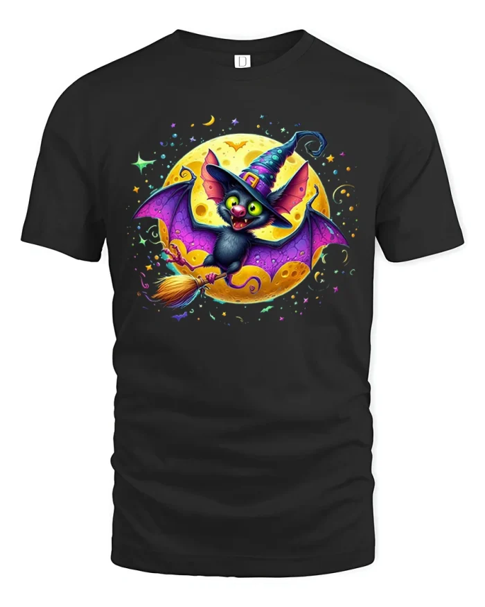 Cute Bat Witch Flying Broomstick Moon Halloween T-Shirt - black t-shirt on white background