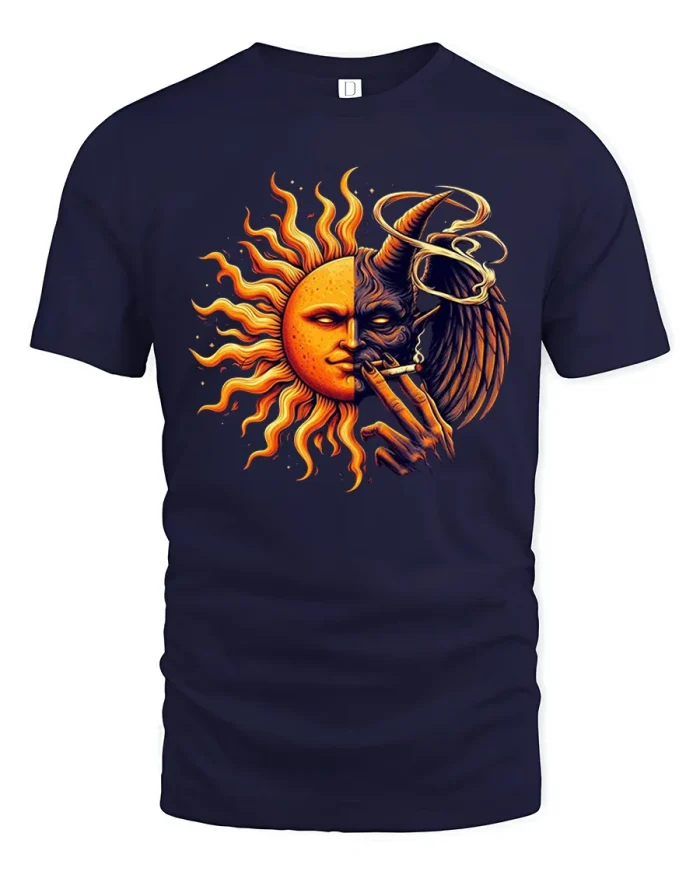 Sun And Demon Smoking Cigarette Dual Face T-Shirt - navy t-shirt on white background