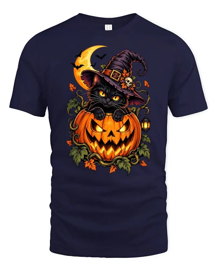 Cute Black Cat Pumpkin Witch Hat Halloween T-Shirt - navy t-shirt on white background