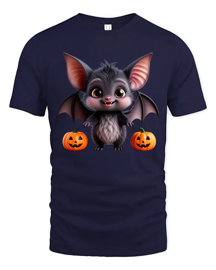 Cute Baby Bat And Pumpkins Halloween Graphic T-Shirt - navy t-shirt on white background