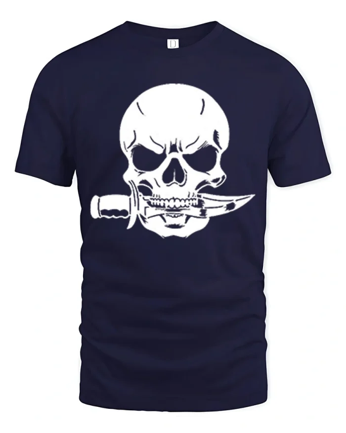 Skull With Dagger In Teeth Military Graphic T-Shirt - navy t-shirt on white background