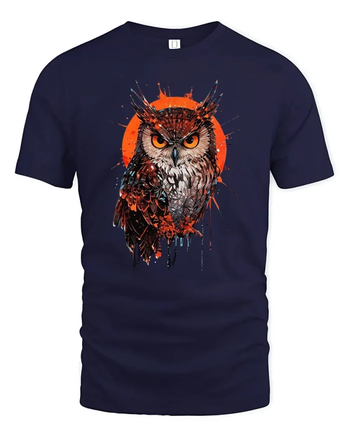 Abstract Owl Sunset Splash Graphic Art T-Shirt - navy t-shirt on white background