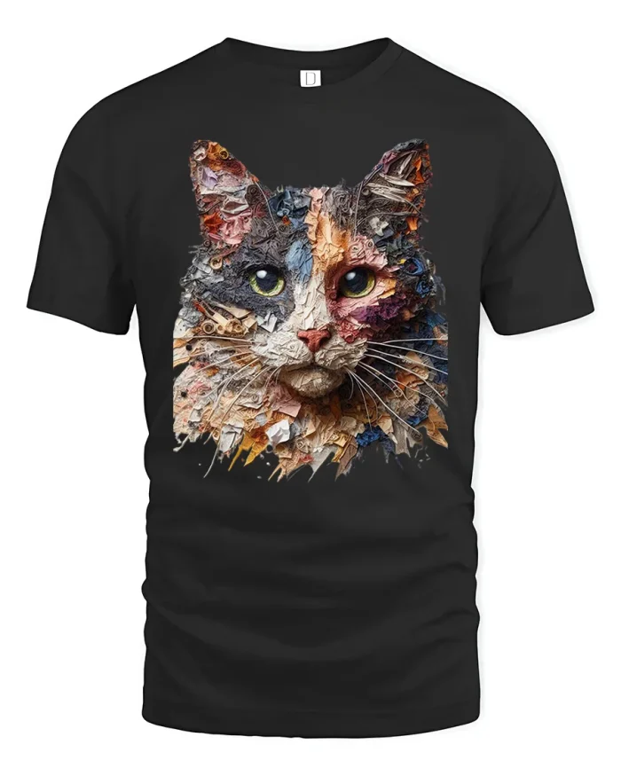 Artistic Mosaic Cat Face Mixed Media Graphic T-Shirt - black t-shirt on white background