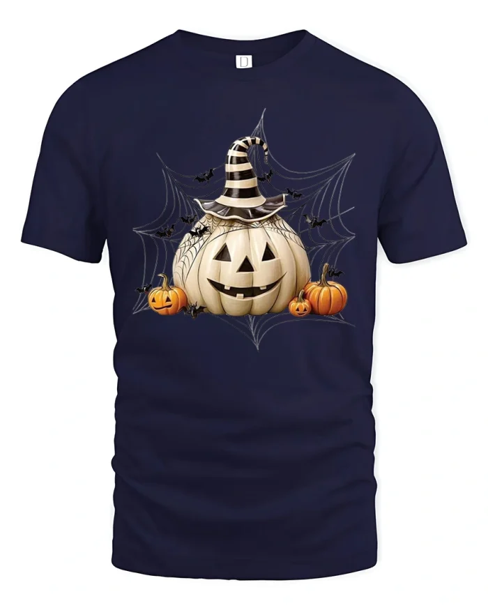 Spooky White Pumpkin Witch Hat Spiderweb Halloween T-Shirt - navy t-shirt on white background
