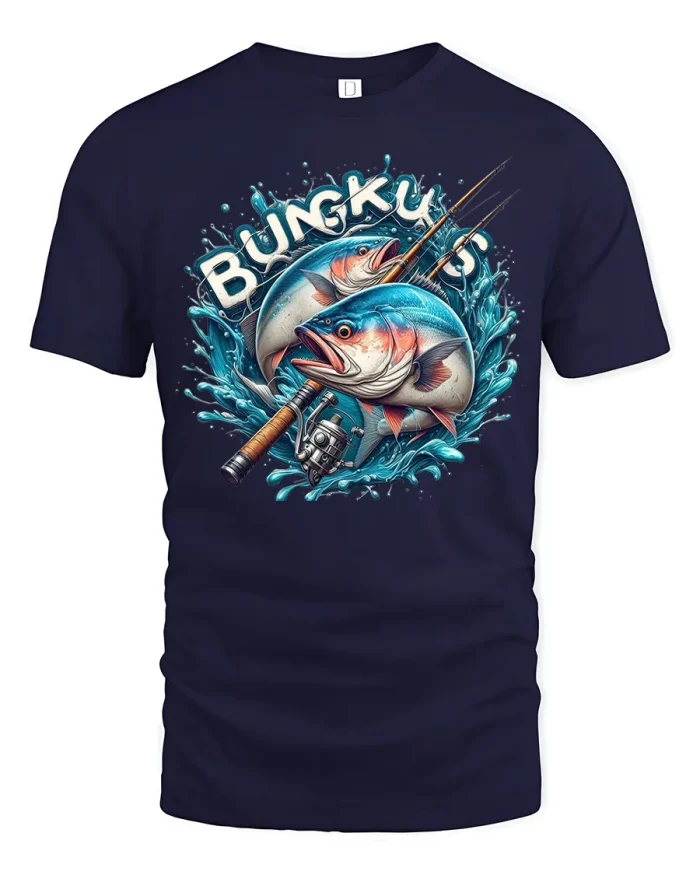Bungkus Fishing Rod And Splash Graphic T-Shirt - navy t-shirt on white background