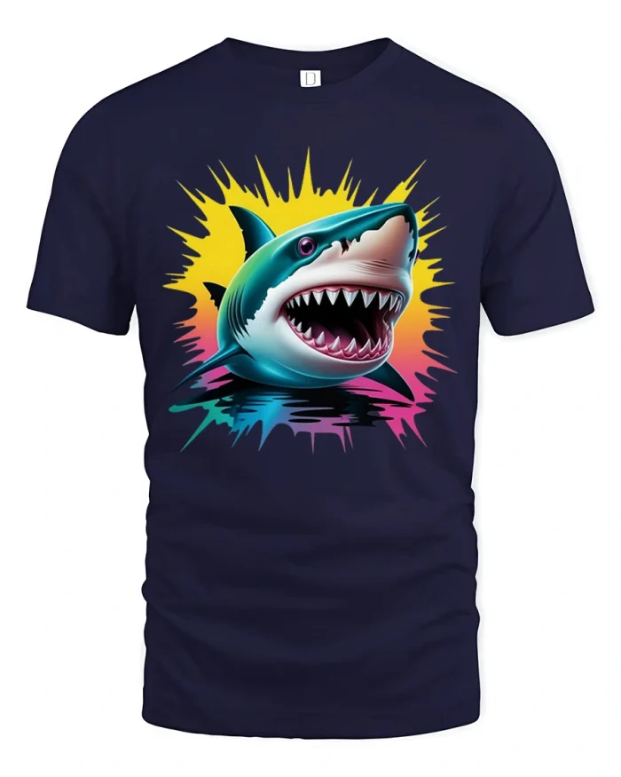 Colorful Splash Great White Shark Jaws Graphic T-Shirt - navy t-shirt on white background