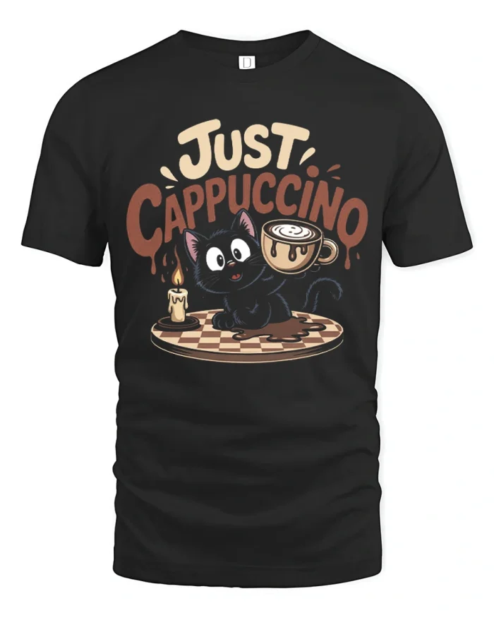 Just Cappuccino Funny Black Cat Coffee Lover T-Shirt - black t-shirt on white background