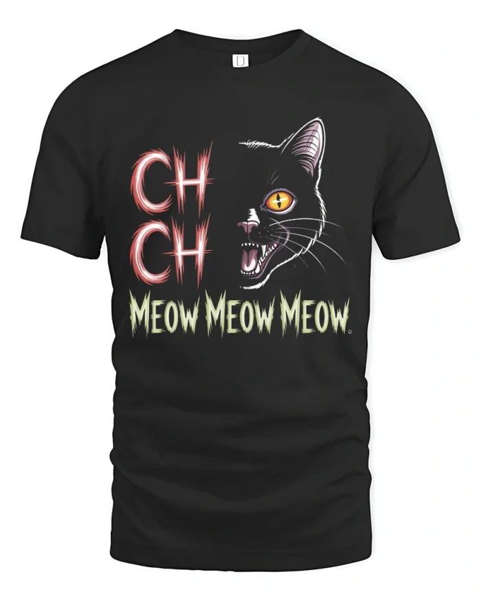 Ch Ch Meow Meow Meow Spooky Cat Face T-Shirt - black t-shirt on white background