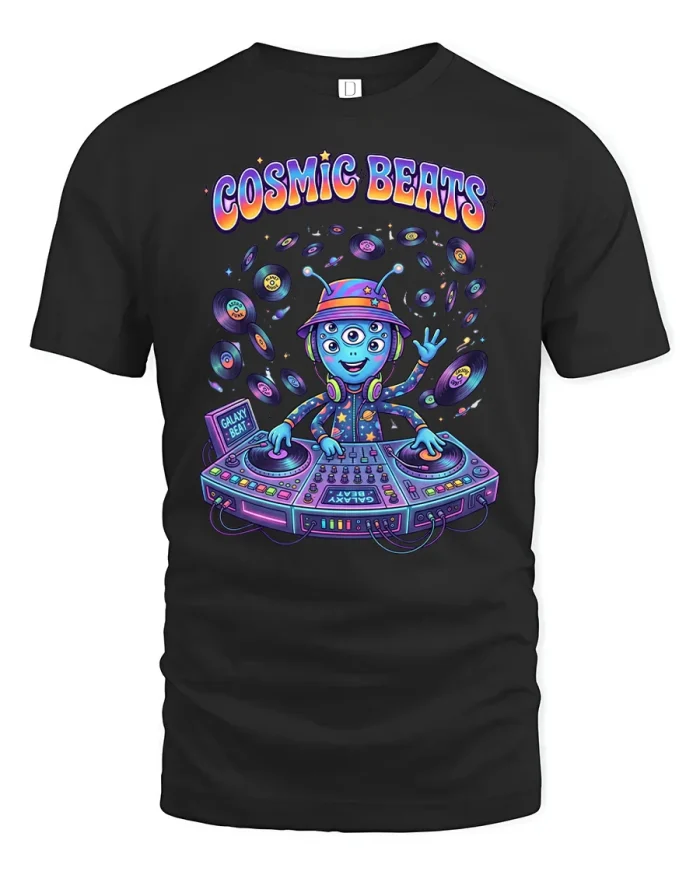 Cosmic Beats Alien Dj Vinyl Turntable Music T-Shirt - black t-shirt on white background
