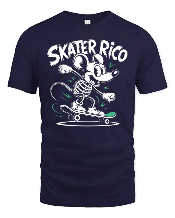 Skater Rico Retro Cartoon Skeleton Mouse T-Shirt - navy t-shirt on white background