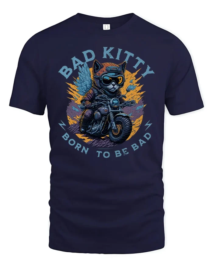 Bad Kitty Born To Be Bad Biker Motorcycle T-Shirt - navy t-shirt on white background