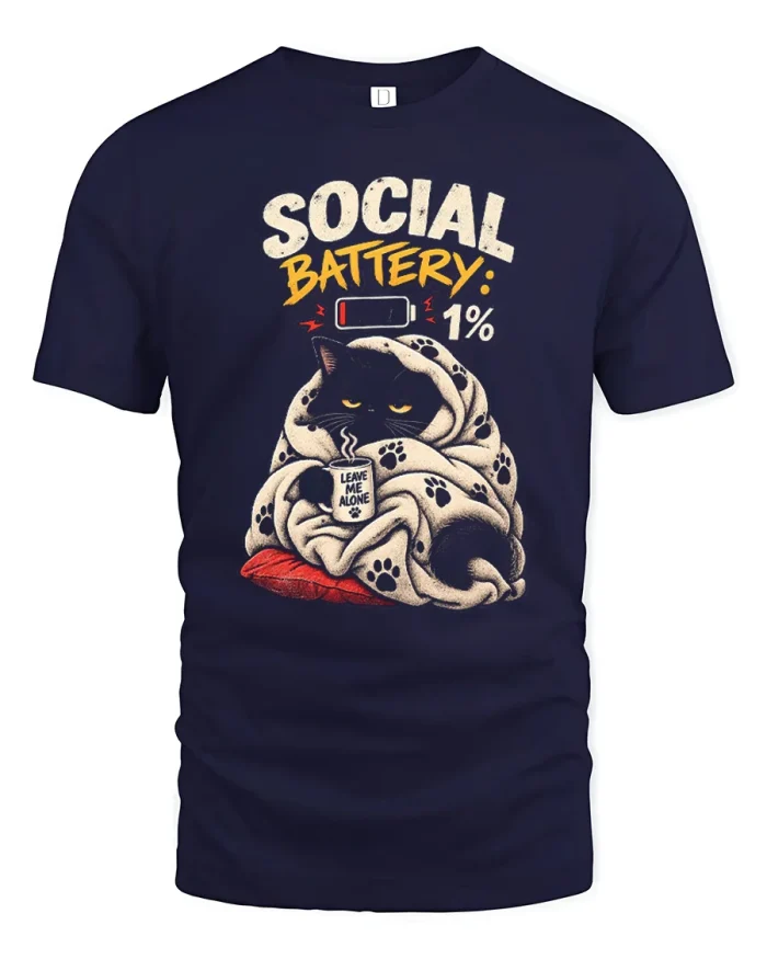 Social Battery One Percent Funny Black Cat T-Shirt - navy t-shirt on white background