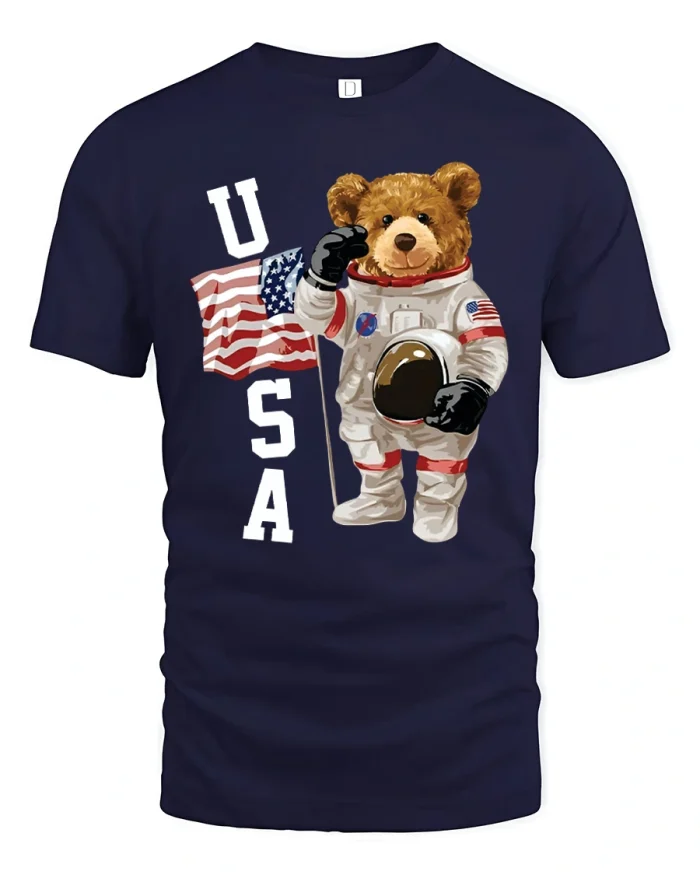 USA Space Bear Astronaut American Flag Graphic T-Shirt - navy t-shirt on white background