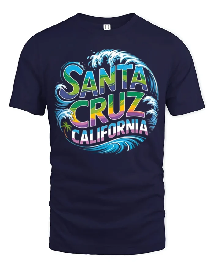 Santa Cruz California Vintage Wave Surfing T-Shirt - navy t-shirt on white background