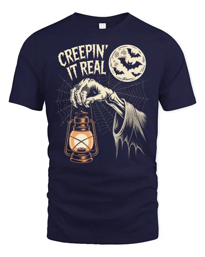 Creepin It Real Spooky Skeleton Lantern T-Shirt - navy t-shirt on white background