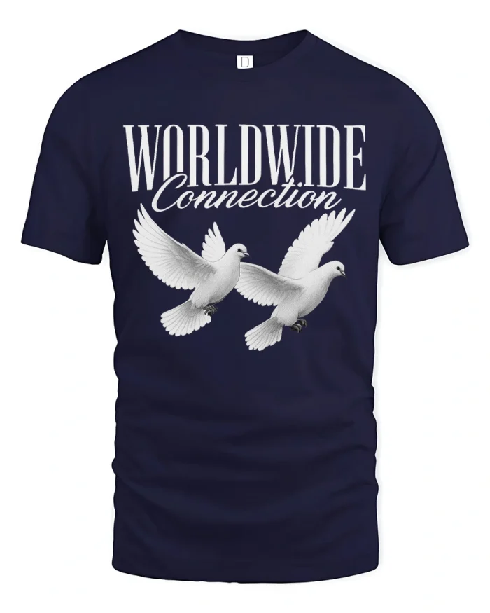 Worldwide Connection White Doves Peace Graphic T-Shirt - navy t-shirt on white background