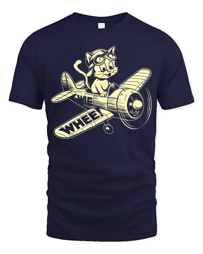 Whee Pilot Cat Airplane Funny Aviation T-Shirt - navy t-shirt on white background