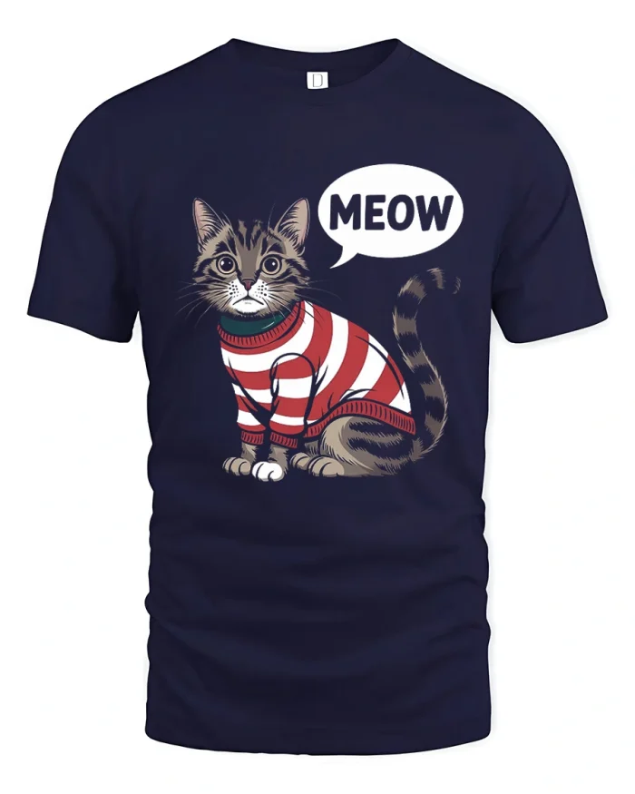 Meow Speech Bubble Striped Sweater Cat Funny T-Shirt - navy t-shirt on white background