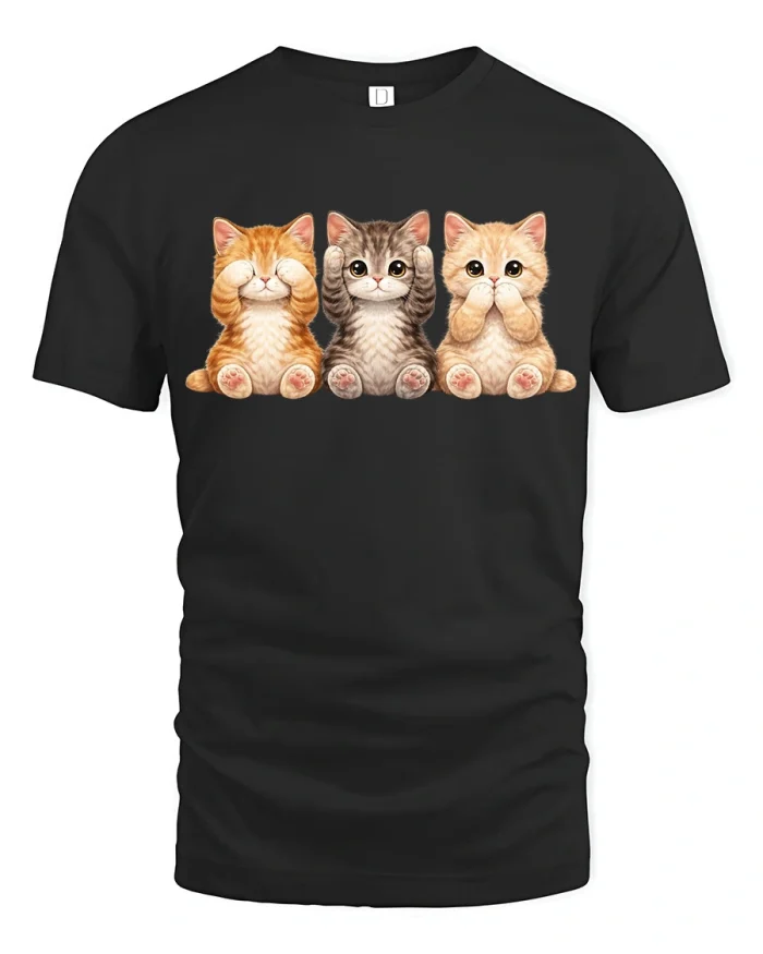 Three Wise Cats See Hear Speak No Evil Cute T-Shirt - black t-shirt on white background
