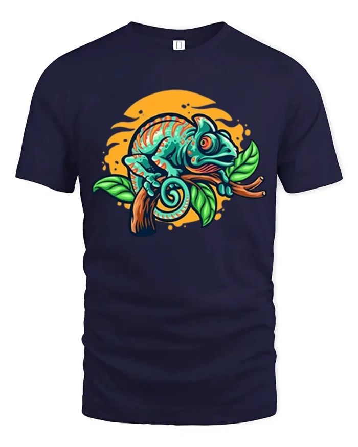 Colorful Chameleon On Branch Cute Reptile Art T-Shirt - navy t-shirt on white background
