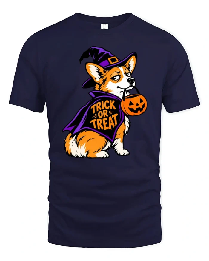 Trick Or Treat Corgi Witch Hat Halloween Dog T-Shirt - navy t-shirt on white background