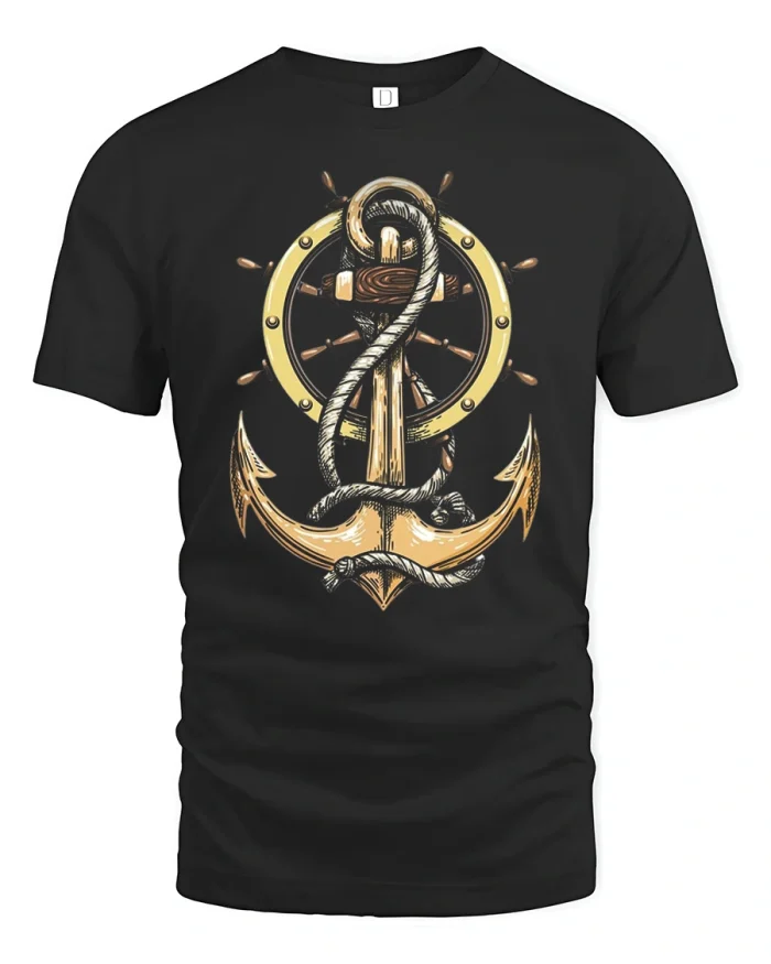 Vintage Nautical Anchor Ship Wheel Graphic T-Shirt - black t-shirt on white background
