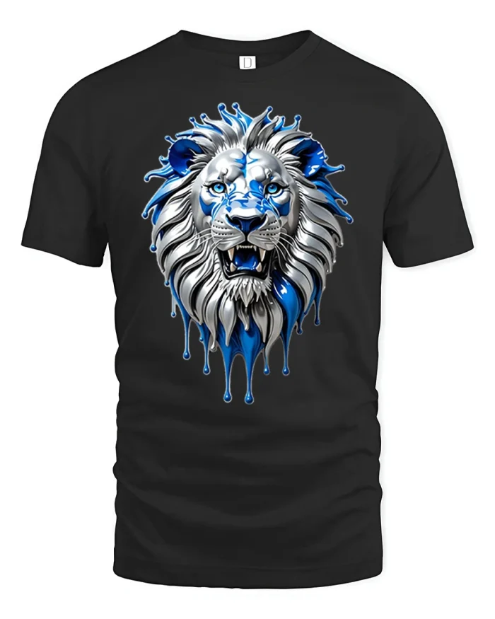 Blue And White Liquid Drip Lion Face Art T-Shirt - black t-shirt on white background