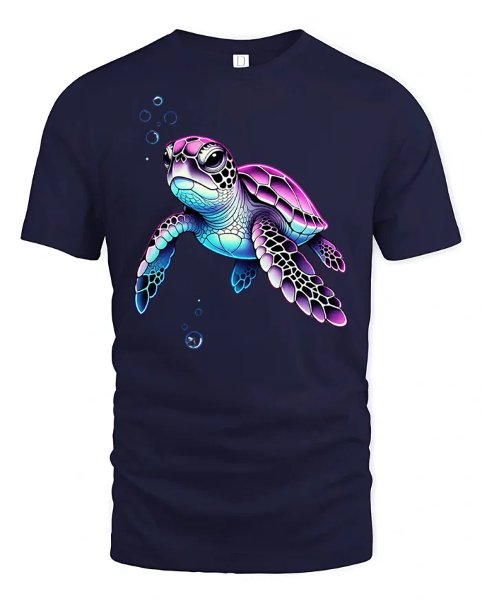Colorful Neon Sea Turtle Underwater Art Graphic T-Shirt - navy t-shirt on white background