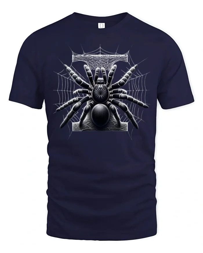 Spooky Tarantula Spider Web Halloween Art T-Shirt - navy t-shirt on white background
