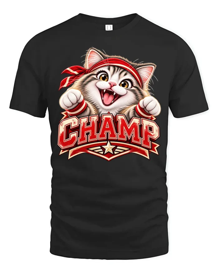 Champ Cute Fighter Cat Sports Typography Art T-Shirt - black t-shirt on white background